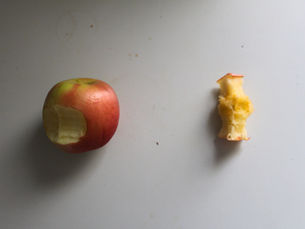 Two apples are shown, one eaten and one not eaten