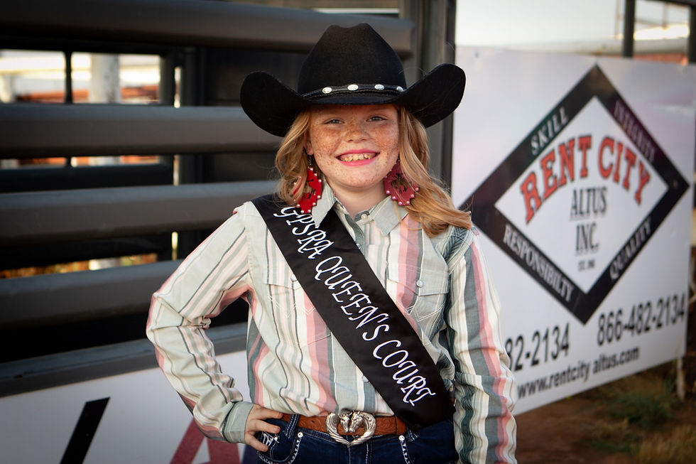 Harley Doughten is shown competing in the Queen's Court at the Great Plains Stampede Rodeo in August in Altus. Doughten was chosen as the rodeo's Junior Sweetheart and aims to keep winning rodeo pageant crowns (Photo provided).